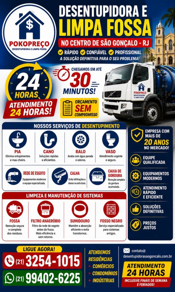 Desentupidora e Limpa Fossa no Centro de São Gonçalo com atendimento 24h.